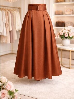 High-Waist A-Line Midi Skirt with Belt - Brown
